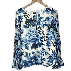 Talbots Women's Floral Blouse M Blue & White Long Pleated Bell Sleeve